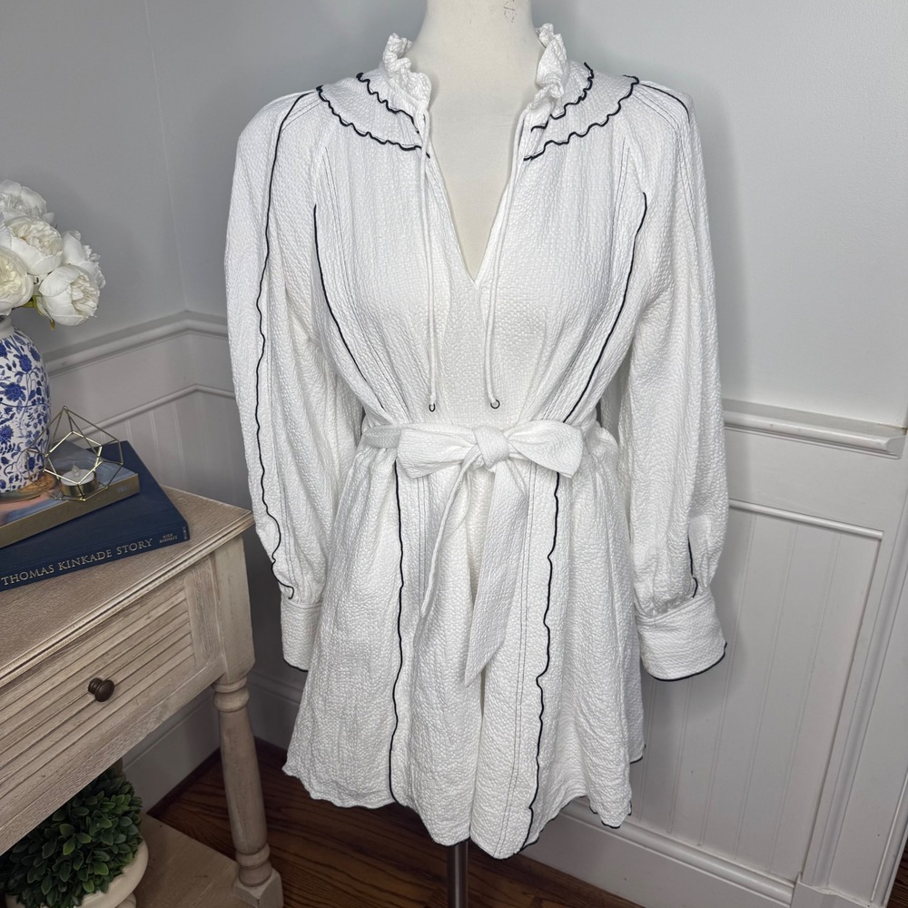 Claudie Pierlot Rome White Seersucker Embroidered Mini Dress Womens 1 Small